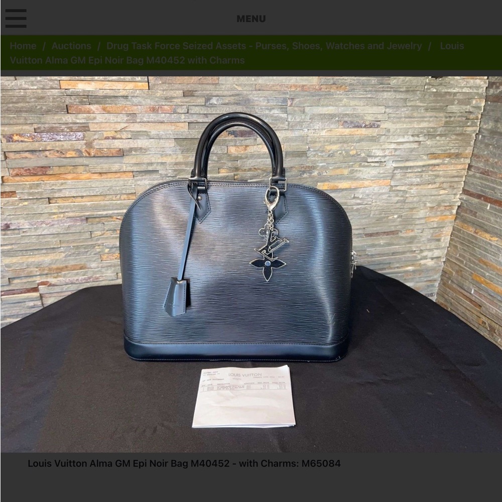 Authentic Louis Vuitton Alma GM Epi Noir and bag Charm- Excellent condition